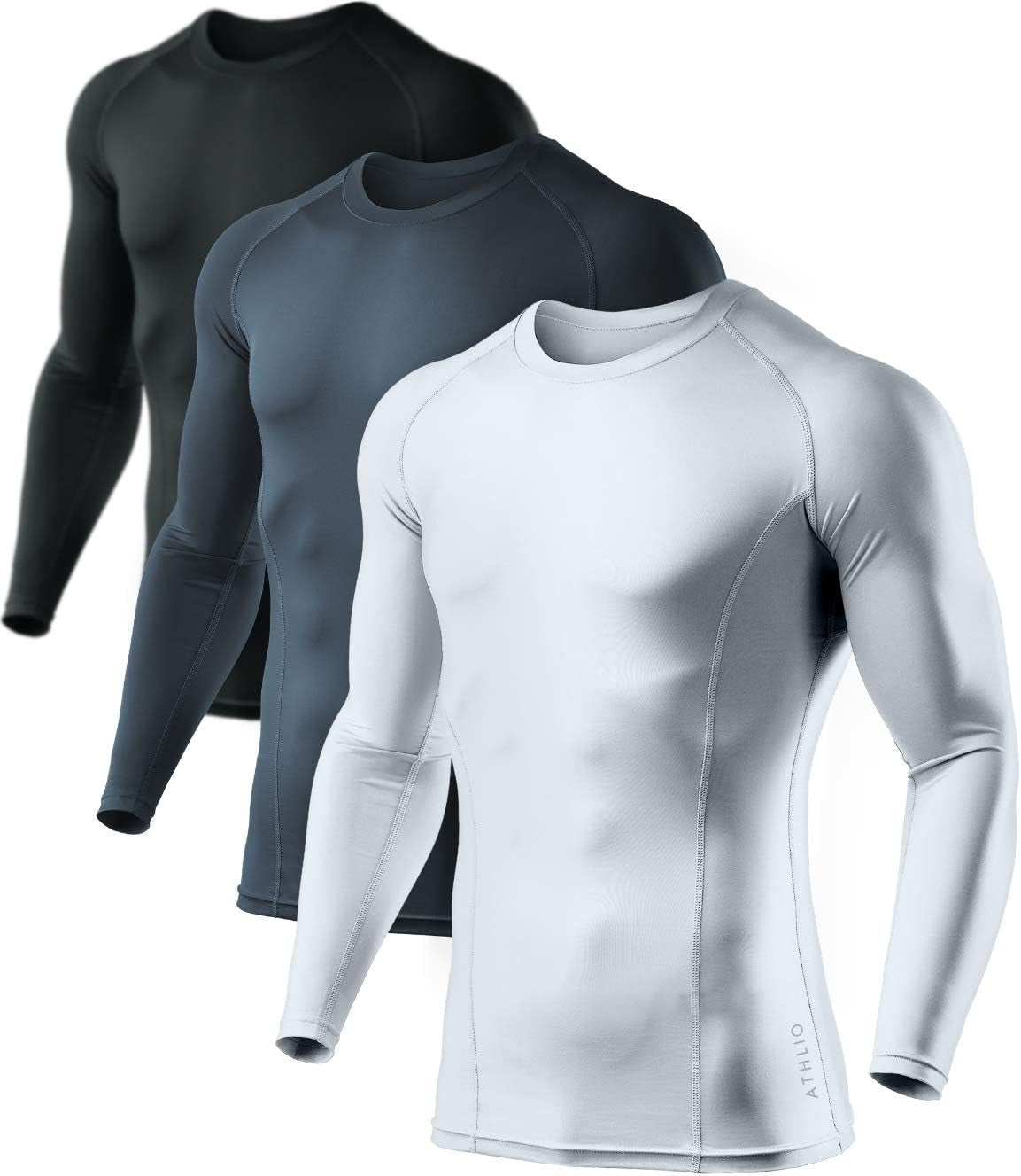CLSX Men'S UPF 50+ Long Sleeve Compression Shirts, Water Sports Rash Guard Base Layer, Athletic Workout Shirt, 3Pack Dark Black/Dark Charcoal/Pure White, X-Large