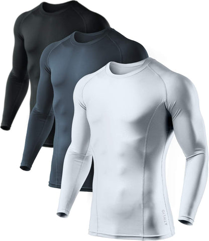 CLSX Men'S UPF 50+ Long Sleeve Compression Shirts, Water Sports Rash Guard Base Layer, Athletic Workout Shirt, 3Pack Dark Black/Dark Charcoal/Pure White, X-Large
